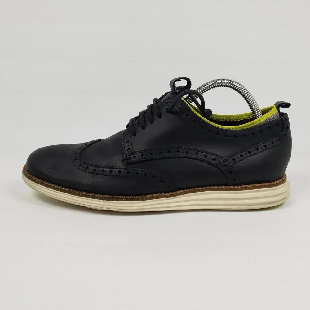 Cole Haan Grand OS Mens Size 8.5 Dk Navy Blue Leather Dress Wingtip Oxford Shoes